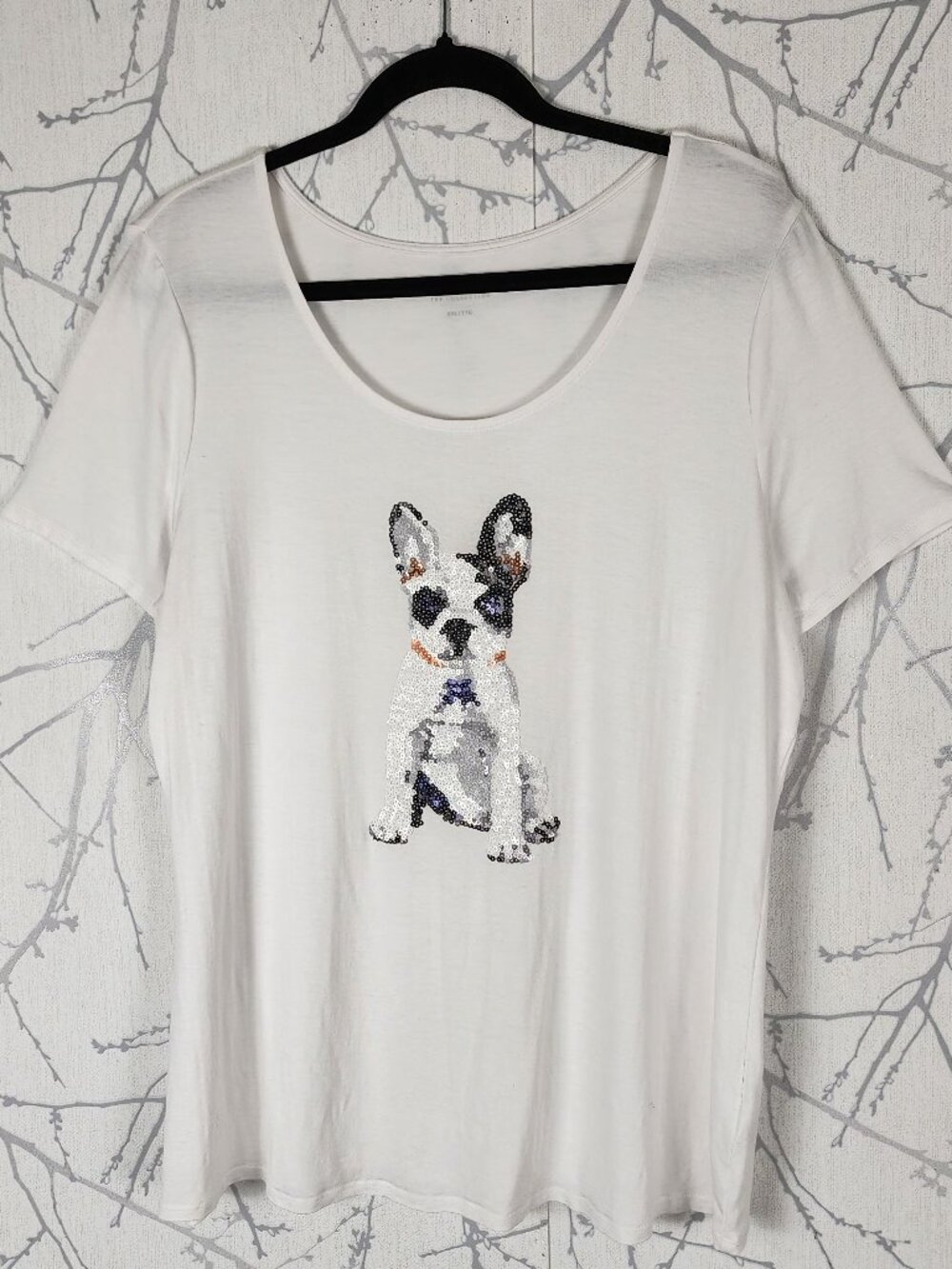 Reitmans White Stretch Jersey Frenchie Dog Sequin Tee